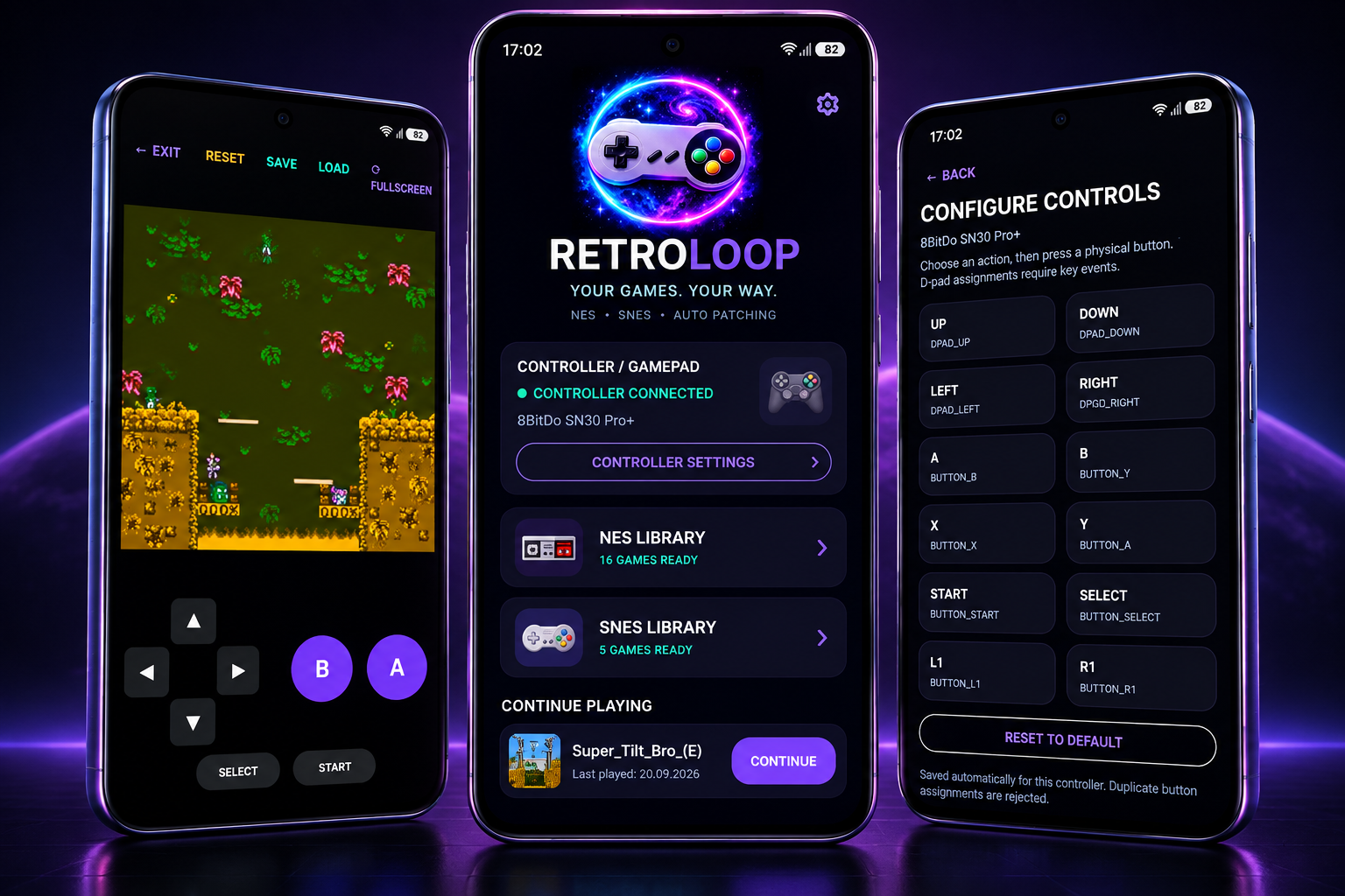 RetroLoop Android application showing gameplay, home screen and controller configuration